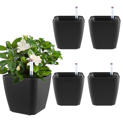 MUNGHOK 5 Stück Selbstbewässerungstopf Klein 14cm, Selbstbewässernder Blumentopf Schwarz, Kunststoff Selbstbewässernd Kräutertopf mit Bewässerungssystem für Zimmerpflanzen von MUNGHOK