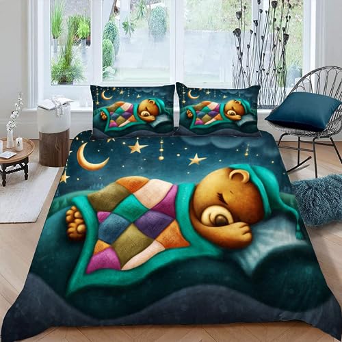 MUNOOR Anime-Bär Kinderbettwäsche Jungen Mädchen 135x200 Tier Bettbezug mit Reißverschluss 3D Weich Mikrofaser Bettwäsche-Sets Zimmer Dekor Bettbezüge mit 2 Kissenbezüge 80x80 von MUNOOR