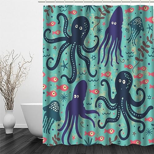 MUNOOR Anti-Schimmel Wasserdicht Duschvorhang Oktopus Tintenfisch 120 x 180 mit 12 Haken, 3D Qualle Badvorhang Polyester Duschvorhänge für Badewanne Bathroom Stoff Waschbar Bad Vorhang von MUNOOR