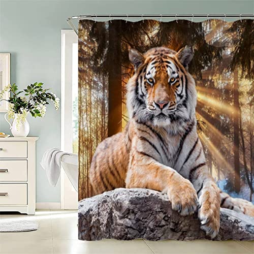 MUNOOR Anti-Schimmel Wasserdicht Duschvorhang Tiger 120 x 180 mit 12 Haken, 3D Waldtiere Badvorhang Polyester Duschvorhänge für Badewanne Bathroom Stoff Waschbar Bad Vorhang von MUNOOR