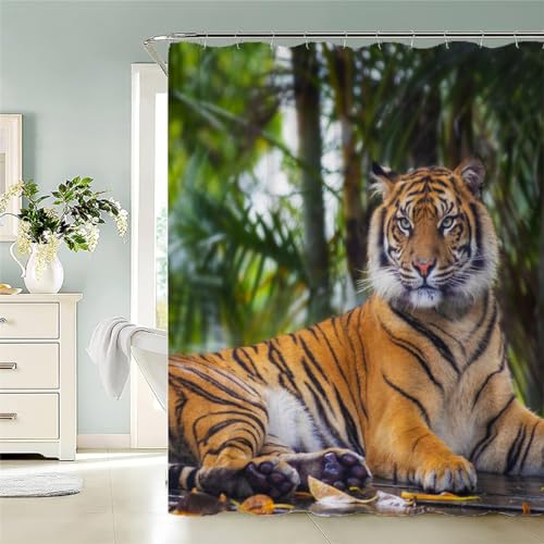 MUNOOR Anti-Schimmel Wasserdicht Duschvorhang Tiger 120 x 180 mit 12 Haken, 3D Waldtiere Badvorhang Polyester Duschvorhänge für Badewanne Bathroom Stoff Waschbar Bad Vorhang von MUNOOR