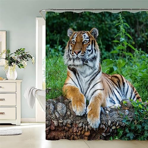 MUNOOR Anti-Schimmel Wasserdicht Duschvorhang Tiger 120 x 180 mit 12 Haken, 3D Waldtiere Badvorhang Polyester Duschvorhänge für Badewanne Bathroom Stoff Waschbar Bad Vorhang von MUNOOR