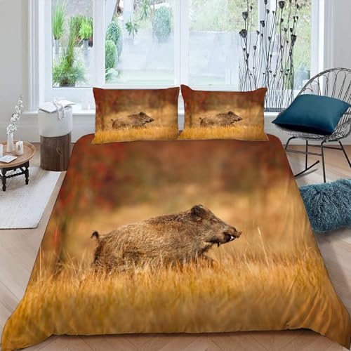 MUNOOR Bettwäsche 135x200 Wildschwein Braun Bettbezug mit ReißVerschluss Kinder Bettwäsche Set mit Kissenbezug 80x80 Weich Leicht Mikrofaser 3D Motiv Waldtiere Bettbezüge Pour Jungen Mädchen von MUNOOR