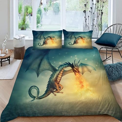 MUNOOR Drachen Kinderbettwäsche Jungen Mädchen 135x200 Tier Bettbezug mit Reißverschluss 3D Weich Mikrofaser Bettwäsche-Sets Zimmer Dekor Bettbezüge mit 2 Kissenbezüge 80x80 von MUNOOR