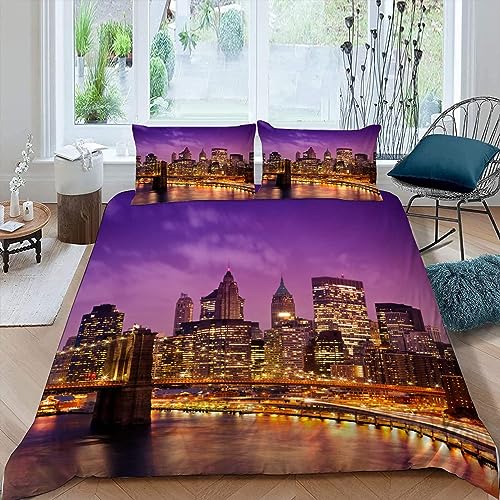 MUNOOR New York Bettwäsche-Sets 3 Teilig Bettbezug 155x220 mit Reißverschluss und 2 Kissenbezüge 80x80, 100% Mikrofaser Bettwaren 3D Stadtansicht Bettbezüge Mädchen Jungen Teenager von MUNOOR