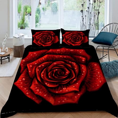 MUNOOR Rose Bettwäsche Sets mit ReißVerschluss Rot Schwarz Bettwäsche 155x220 Teenager 3D Motiv Bettbezug mit 2 Kissenbezug 80x80 Weich kuschelig Mikrofaser Dekorativ Bettbezüge von MUNOOR