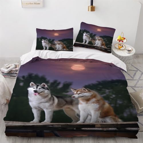 MUNOOR Wolf Mond Bettwäsche 200x200 Erwachsener Kinder 3 Teilig Wilde Tiere Bettbezug mit ReißVerschluss 3D Druck 100% Mikrofaser Schlafkomfort Bettwäsche Set mit Kissenbezug 80x80 cm von MUNOOR