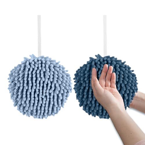 MUNSKT 2 Stück Handtücher Küche Badezimmer Handtuch Küche Hände Handtücher Set Hängende Handtuch Waschlappen,Weiche saugfähige Fuzzy Ball Handtücher Set,Badezimmer-Zubehör (Blau + Grau) von MUNSKT