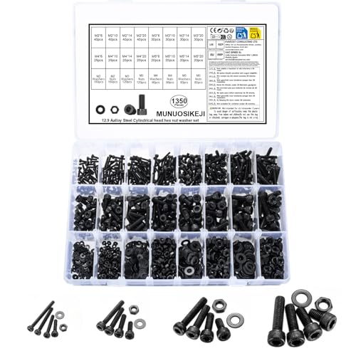 1350 Stk M2 M3 M4 M5 Schrauben Set, Zylinderschrauben Muttern Set, Sechskantschrauben mit Muttern Set,Gewindeschrauben mit Innensechskant Schrauben, Schwarz Maschinenschrauben mit Unterlegscheiben Set von MUNUOSIKEJI