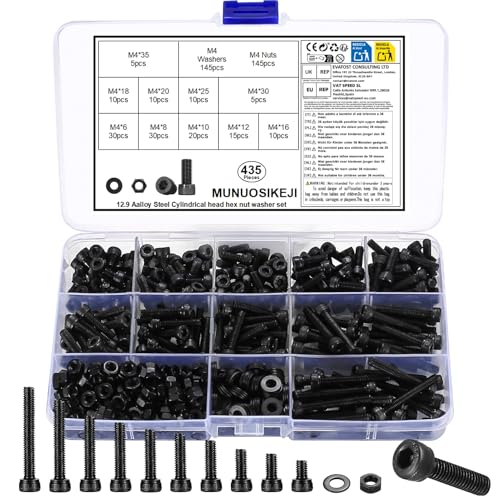 435 Stk M4 Schrauben Set, Zylinderschrauben Muttern Set, Sechskantschrauben mit Muttern Set, Gewindeschrauben mit Innensechskant Schrauben Set, Schwarz Maschinenschrauben mit Unterlegscheiben Set von MUNUOSIKEJI