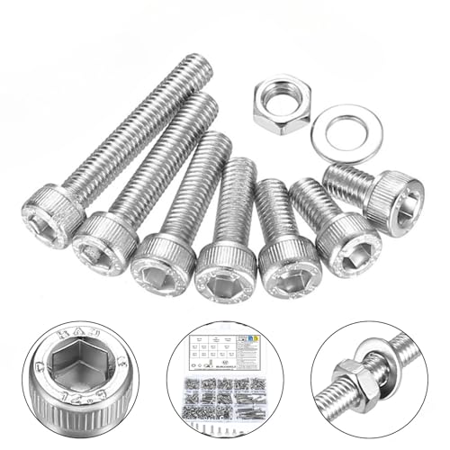 435 Stk Zylinderschrauben Muttern Set, M4 Schrauben Set, Gewindeschrauben mit Innensechskant Schrauben Set, Sechskantschrauben mit Muttern Set, Maschinenschrauben Sortiment mit Unterlegscheiben Set von MUNUOSIKEJI