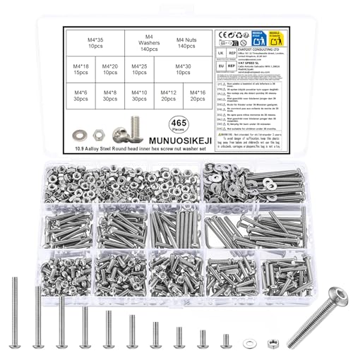 465 Stk Linsenkopf Sechskantschrauben mit Muttern Set,Innensechskantschrauben Muttern, M4 Schrauben Set, Gewindeschrauben Set mit Unterlegscheiben, Maschinenschrauben und Muttern Sortiment Kit（Silber) von MUNUOSIKEJI