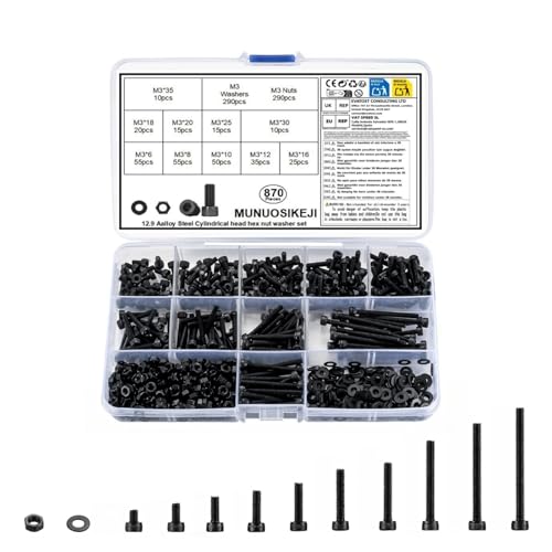 870 Stk M3 Schrauben Set, Zylinderschrauben Muttern Set, Sechskantschrauben mit Muttern Set, Gewindeschrauben mit Innensechskant Schrauben Set, Schwarz Maschinenschrauben mit Unterlegscheiben Set von MUNUOSIKEJI