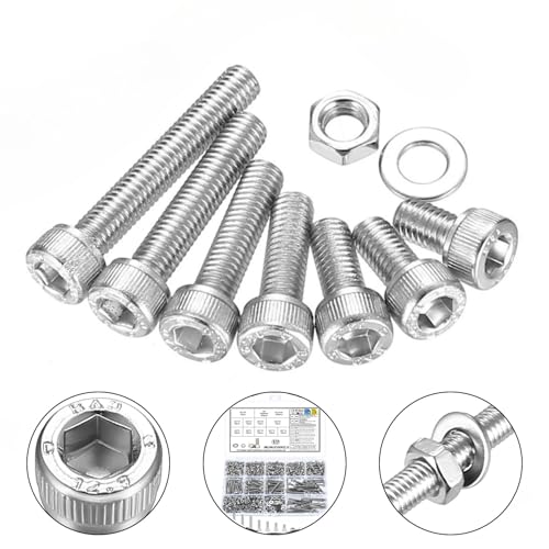 870 Stk Zylinderschrauben Muttern Set, M3 Schrauben Set, Gewindeschrauben mit Innensechskant Schrauben Set, Sechskantschrauben mit Muttern Set, Maschinenschrauben Sortiment mit Unterlegscheiben Set von MUNUOSIKEJI