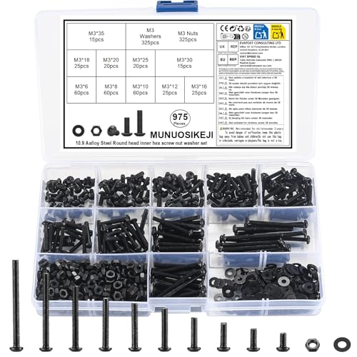 975 Stk Innensechskantschrauben Muttern Set, M3 Schrauben Set, Linsenkopf Sechskantschrauben mit Muttern Set, Gewindeschrauben Set mit Unterlegscheiben, Maschinenschrauben und Muttern Sortiment Kit von MUNUOSIKEJI