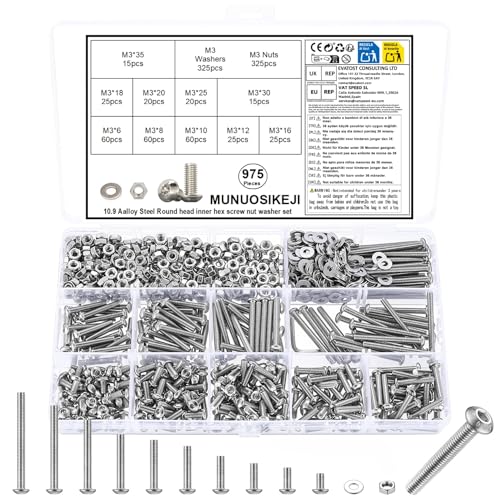 Linsenkopf Sechskantschrauben mit Muttern Set, 975 Stk Innensechskantschrauben Muttern Set, M3 Schrauben Set, Gewindeschrauben Set mit Unterlegscheiben, Maschinenschrauben und Muttern Sortiment Kit von MUNUOSIKEJI