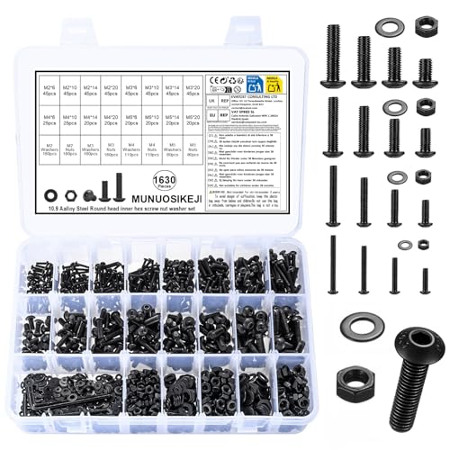 M2 M3 M4 M5 Linsenkopf Sechskantschrauben mit Muttern Set, 1630 Stk Innensechskant Schrauben Muttern Set, Gewindeschrauben Set mit Unterlegscheiben, Schrauben Set, Maschinenschrauben Sortiment Kit von MUNUOSIKEJI