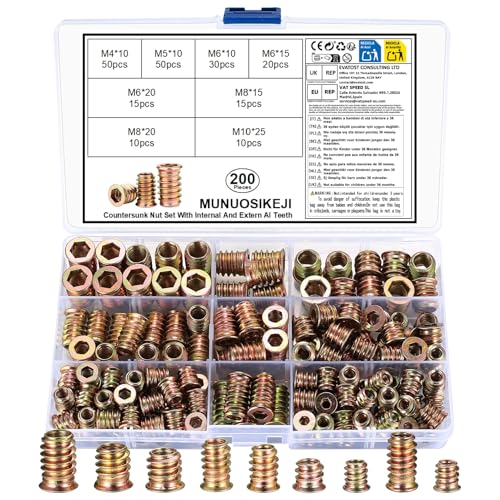 M4 M5 M6 M8 M10 Hex Innensechskantmuttern, 200 Stück Gewindeeinsatz Muttern, Einschraubmutter Holz, Einschraubmuffen, Eindrehmuffe Sortiment Set für Holz Möbel, Farbe Zink von MUNUOSIKEJI