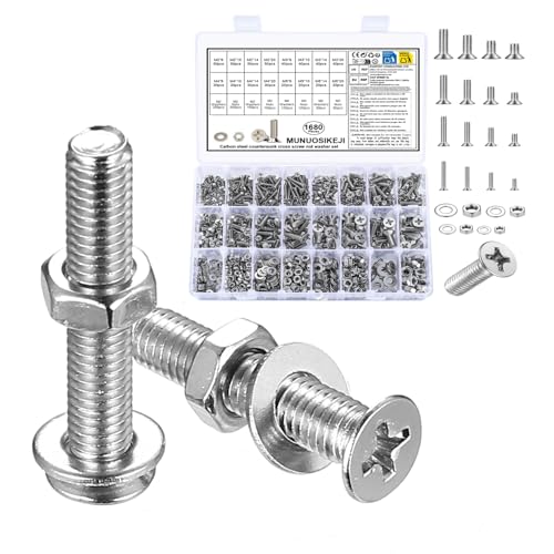 Senkkopfschrauben Muttern Set, M2 M3 M4 M5 Schrauben Set, Flachkopfschrauben und Muttern Set, Kreuzschlitz Maschinenschrauben Sortiment Kit mit Unterlegscheiben Set(Silber, M2 M3 M4 M5, 1680 Stk) von MUNUOSIKEJI