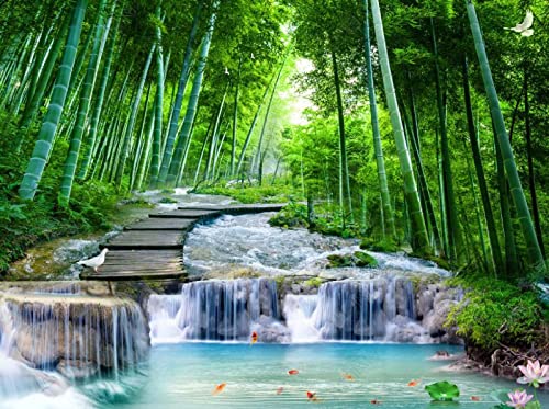 Fototapete 3D Effekt Bambuswald Holzbrücke Fließendes Wasser Tapeten Vliestapete Wohnzimmer Wandbilder Wanddeko von MUNXIN WALLPAPER