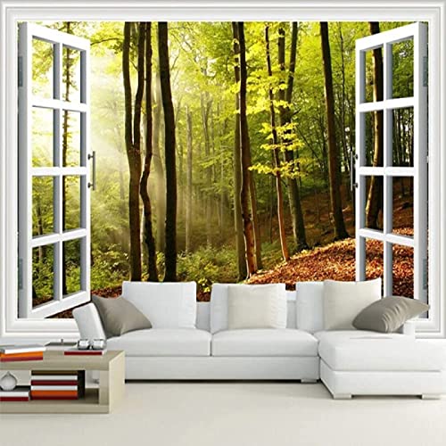 Fototapete 3D Effekt Fenster Bäume Wald Tapeten Vliestapete Wohnzimmer Wandbilder Wanddeko von MUNXIN WALLPAPER