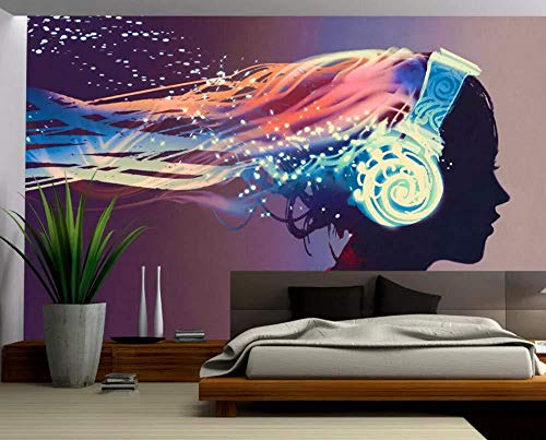 Fototapete 3D Effekt Vlies Tapete Mädchen Mit Kopfhörern Hörend Musik Tapeten Wandbilder Wohnzimmer(400cmX250cm) von MUNXIN WALLPAPER