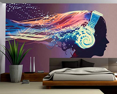 Fototapete 3D Effekt Vlies Tapete Mädchen Mit Kopfhörern Hörend Musik Tapeten Wandbilder Wohnzimmer (300cmX210cm) von MUNXIN WALLPAPER