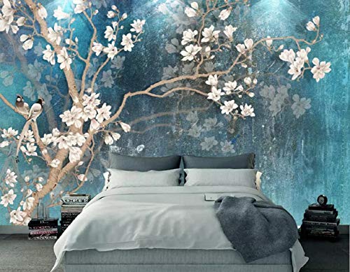 Fototapete 3D Effekt Weinlesehandlackierte Magnolienblume blaue elegante Ölgemälde-Hintergrundwand Tapete Vliestapete Wandbilder Wanddeko von MUNXIN WALLPAPER