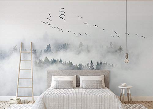 Fototapete 3D Tapete Skandinavische Vögel Und Kiefern Wolken Und Nebel - Wand Im Hintergrund 3D Effekt Vliestapete Wandbilder Wanddeko (200cmx140cm) von MUNXIN WALLPAPER