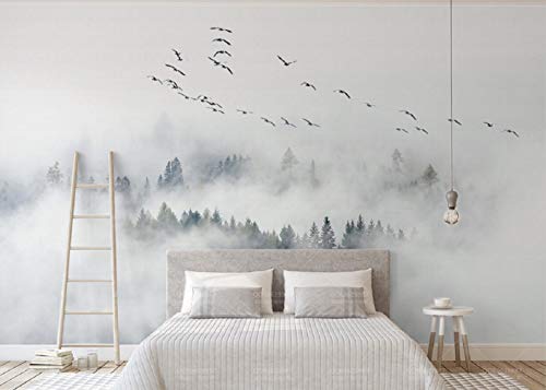 Fototapete 3D Tapete Skandinavische Vögel Und Kiefern Wolken Und Nebel - Wand Im Hintergrund 3D Effekt Vliestapete Wandbilder Wanddeko (350cmx250cm) von MUNXIN WALLPAPER