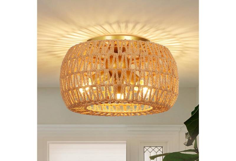 MUPOO Deckenleuchte Boho Deckenleuchte mit Rattan Lampenschirm,Rattan Deckenlampe Hängend, LED fest integriert, E27 Vintage Industrielle Deckenlampe mit 3 Glühbirnen,für Wohnzimmer von MUPOO