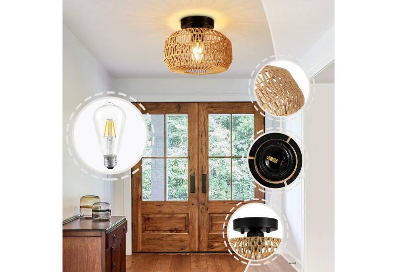 MUPOO Deckenleuchten Rattan Deckenlampe aus Rattan/Metall Boho Pendelleuchte, mit E27-LED-Glühbirne-1, Hängelampe mit Rattan Lampenschirm von MUPOO