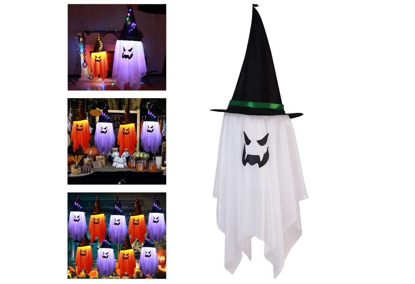 MUPOO Dekoobjekt Halloween Deko Außen 105cm Halloween Geist,LED Lichterkette,3 Modi (1 St. Knopfbatterien Halloween Geist Windsäcke Flagge), Hängen Ghost für Party Horror,Garten von MUPOO