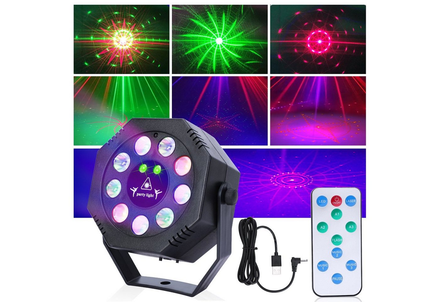MUPOO Discolicht USB Projektorlichter Laserlicht 10W Muster Disco-DJ-Licht 3m Abdecken, RGB, Partylicht Nebeleffekt,mit Fernbedienung Sprachaktivierter von MUPOO