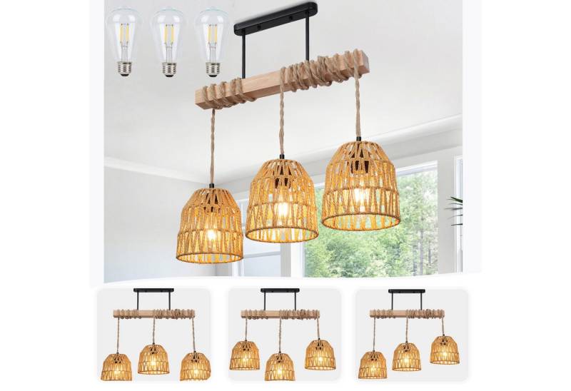 MUPOO Hängeleuchten 3 Köpfe Kronleuchter mit Rattanschirm, Boho Deckenlampe Wohnzimmer, aus Rattan/Holz, mit 3 Leuchtmittel von MUPOO