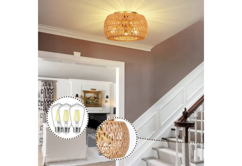 MUPOO LED Deckenleuchte Boho Pendelleuchte aus Rattan/Metall E27 Deckenlampe 3-Flammig, 35cm Φ, LED fest integriert von MUPOO