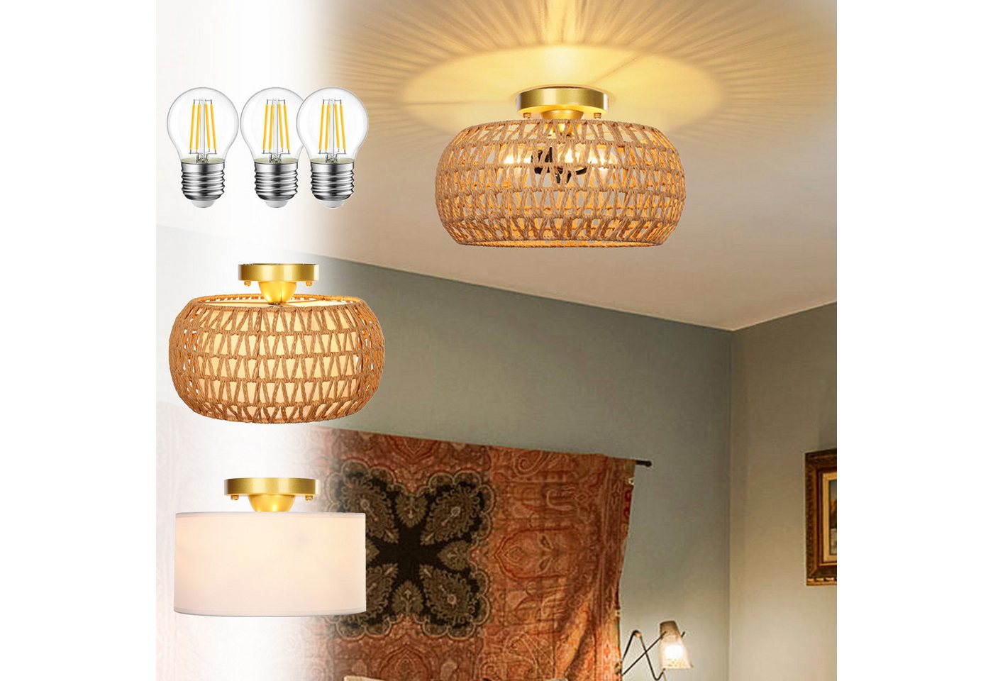 MUPOO LED Deckenleuchte Boho-Rattan Deckenleuchte Landhausstil Kronleuchter Ø45cm, E27, Doppelter Lampenschirm, mit 3 LED-Glühbirnen, Warmweiß MUPOO LED Deckenleuchte Boho-Rattan Deckenleuchte Landhausstil Kronleuchter Ø45cm, E27, Doppelter Lampenschirm, mit 3 LED-Glühbirnen, Warmweiß von MUPOO