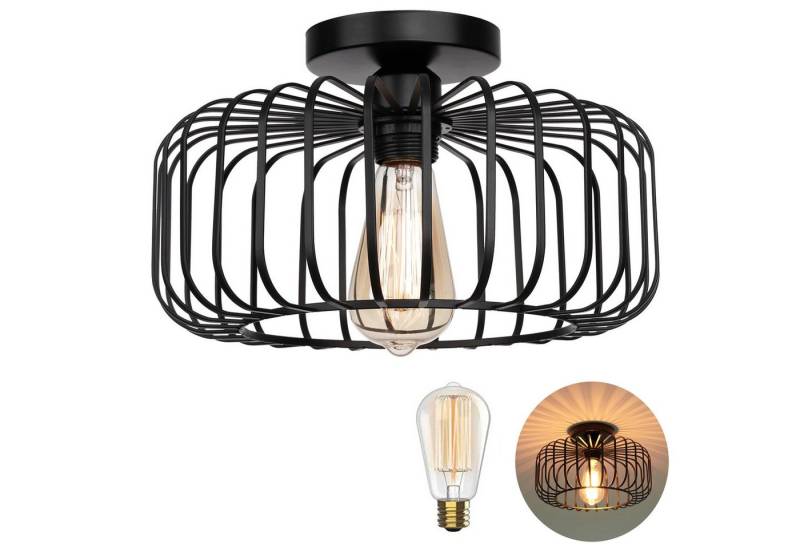 MUPOO LED Deckenleuchte Deckenlampe E27 Runder Pendelleuchte aus Metall in Schwarz, mit 1 Leuchtmittel, Warmweiß Gitter-lampe, Industrie-Design,Ø 30cm von MUPOO