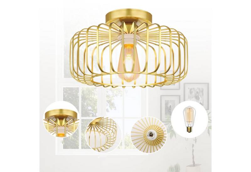 MUPOO LED Deckenleuchte Deckenlampe E27 Runder Pendelleuchte aus Metall in Schwarz/Gold, Gold mit 1 Leuchtmittel, Warmweiß Gitter-lampe, Industrie-Design,Ø 30cm von MUPOO