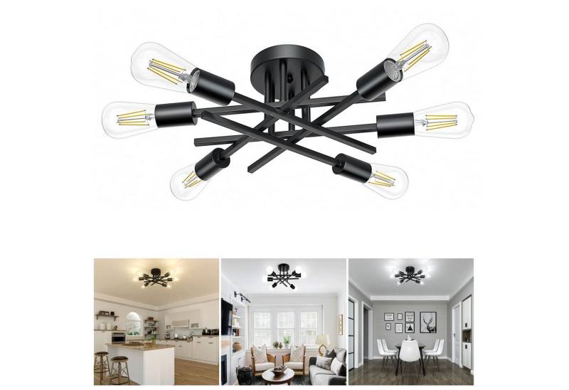 MUPOO LED Deckenleuchte Vintage Retro LED Deckenlampe aus Metall Schwarz E27 für Schlafzimmer, 6 Flammig mit LED-Glühbirne, LED fest integriert, Halbbündige Deckenleuchten von MUPOO