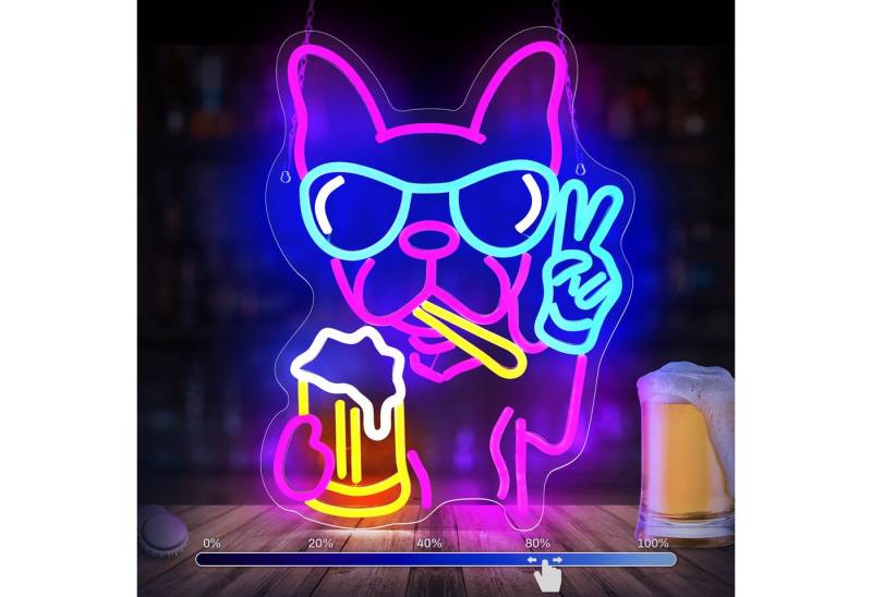 MUPOO LED Dekolicht Bier Hund Neon Schilder Dimmbar, Französische Bulldogge LED-Neonlicht, LED Dekolicht,5 Helligkeitsstufen,mit Batterie Box von MUPOO