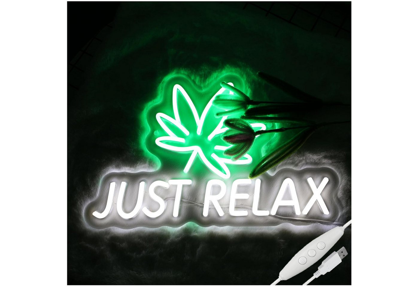 MUPOO LED Dekolicht Cannabis Just Relax Neon Schild mit Dimmbar Schalter LED Nachtlicht, USB Stromversorgung, LED fest integriert, Acryl Neonlicht Wanddecor von MUPOO