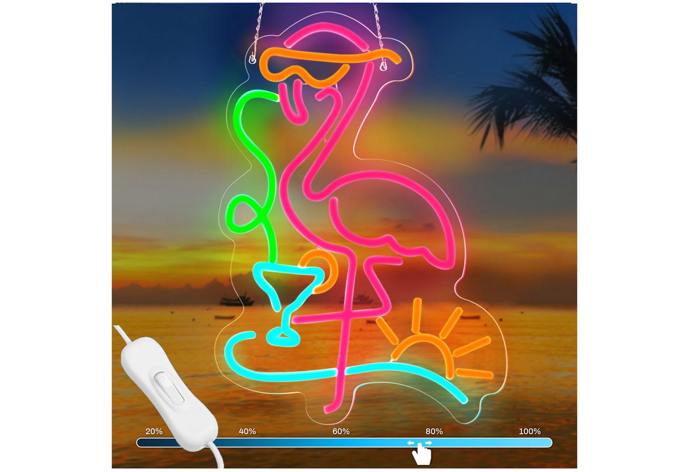 MUPOO LED Dekolicht LED-Neonschild Flamingo Dimmbar USB Gaming Neon Sign, mit Cocktail-Sonnenuntergang, LED fest integriert, Acryl Neon Sign mit Ein-/Ausschalter von MUPOO