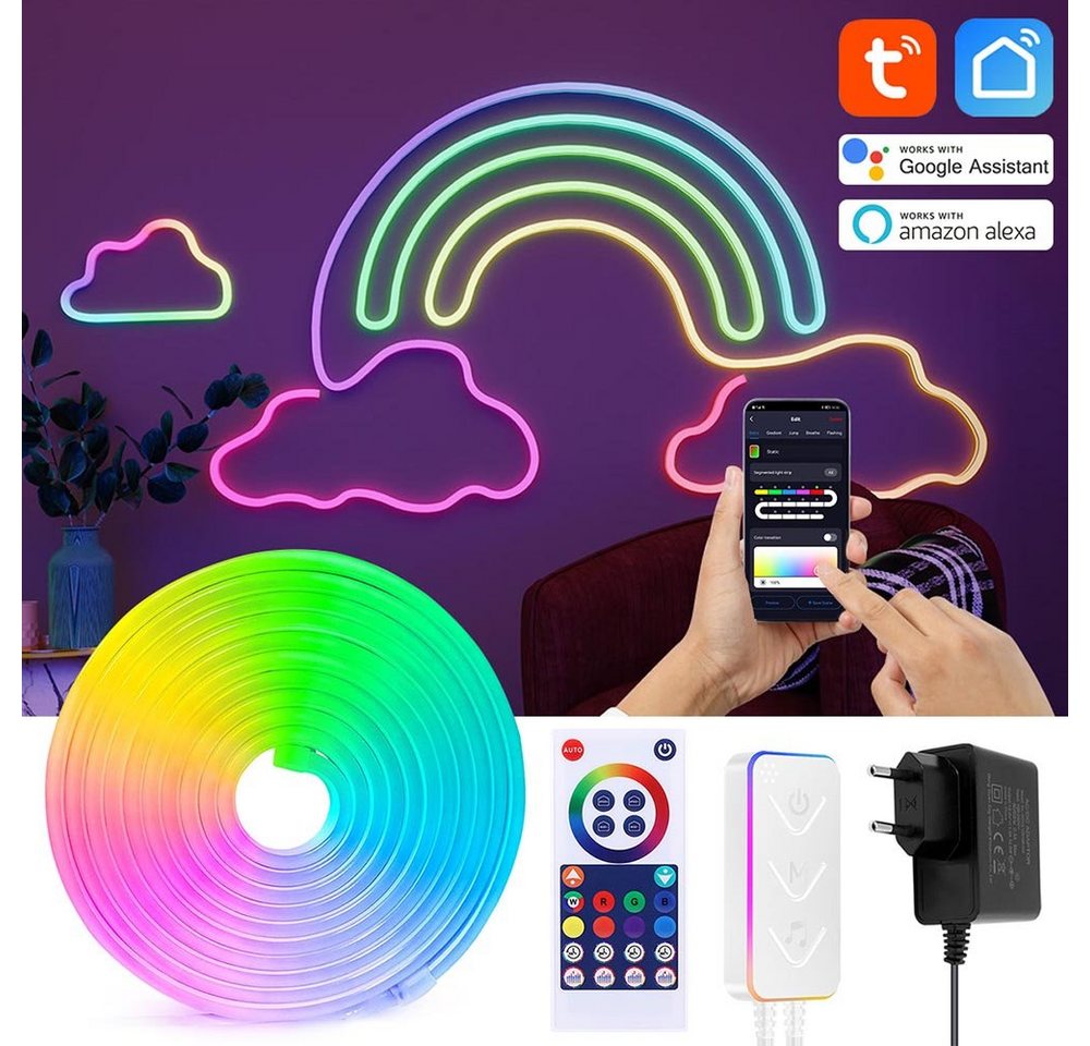 MUPOO LED Dekolicht Neon LED Strip, Neon LED Streifen mit App-Steuerung, Musik-Sync, IP67 Wasserdicht, Silikon,Smart APP Steuerung,Fernbedienung 3M/5M von MUPOO