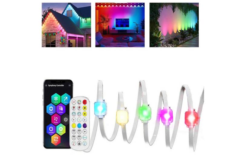 MUPOO LED-Flexbandbeleuchtung LED-Lichterkette 15m/30m RGB LED Streifen IP67 Fernbedienung Bluetooth, Permanente Außenbeleuchtung Musik Sync, Timer von MUPOO