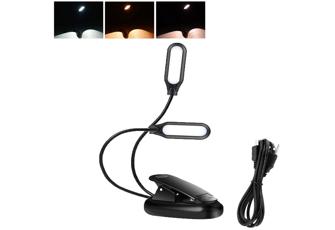 MUPOO LED Klemmleuchte Tragbare LED Leselampe mit Clip & USB – 3 Farben, USB-Betrieb, 2 Köpfe, LED fest integriert von MUPOO
