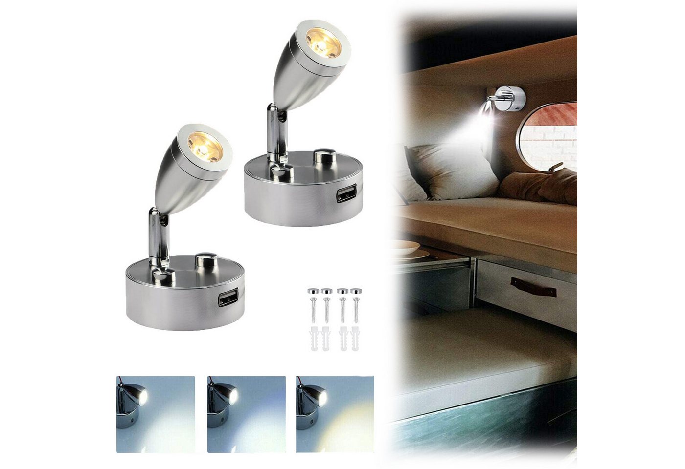 MUPOO LED Wandstrahler 12-24V LED Spot Leselicht Ein/Aus- Schalter Leselampe Berührung Dimmen, 3 Lichtfarben (Touch-Dimming, mit USB-Anschluss), 360°,Wand Nachttischlampe,Küchenlampe Camper von MUPOO