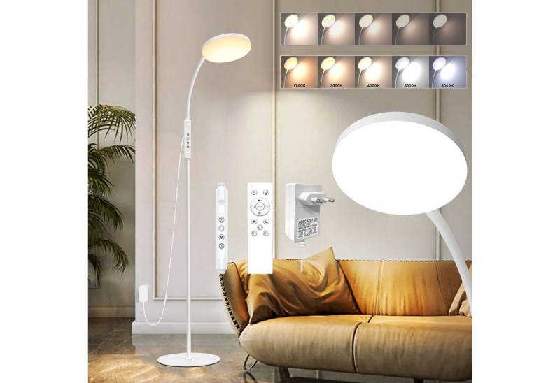 MUPOO LED Leselampe 16W Stehlampe Wohnzimmerlampe,LED Stehleuchte mit Fernbedienung, Weiß mit Stecker, LED fest integriert, 10 Helligkeitsstufen und 5 Lichtfarben, Timer und Nachtlicht von MUPOO