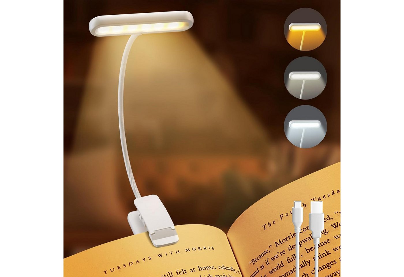 MUPOO LED Leselampe Klemmlampe Breites Licht, USB Aufladbar, 3 Farben & 10 Helligkeitsstufen von MUPOO