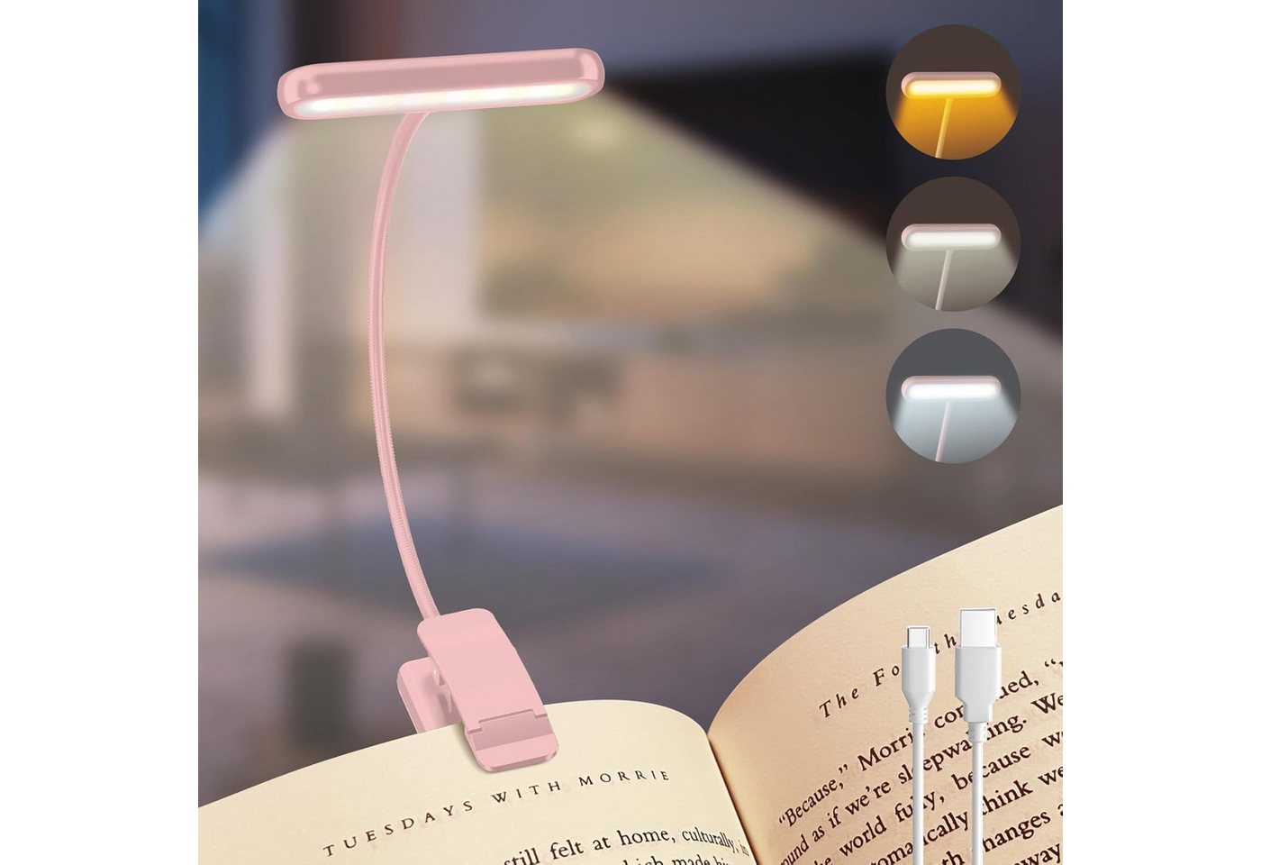 MUPOO LED Leselampe Klemmlampe Breites Licht, USB Aufladbar, 3 Farben & 10 Helligkeitsstufen von MUPOO